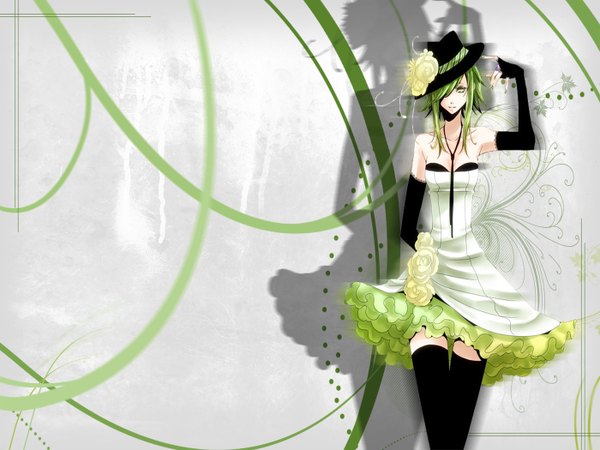 Anime picture 1400x1050 with vocaloid gumi single fringe short hair green eyes green hair hair over one eye shadow girl thighhighs dress gloves black thighhighs hat elbow gloves fingerless gloves