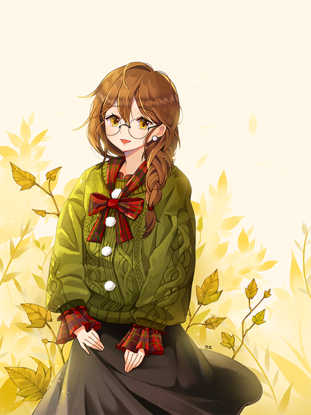 Anime-Bild 800x1067 mit original ggomddak single long hair tall image looking at viewer fringe open mouth hair between eyes brown hair brown eyes braid (braids) long sleeves :d single braid girl earrings glasses leaf (leaves) sweater