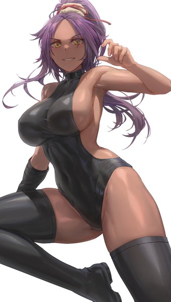 Anime picture 3624x6399 with bleach studio pierrot shihouin yoruichi free style (yohan1754) single long hair tall image looking at viewer blush fringe highres breasts light erotic black hair simple background smile large breasts white background yellow eyes absurdres