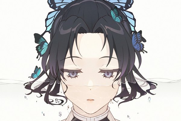 Anime picture 850x567 with kimetsu no yaiba ufotable kochou shinobu pig ggul single short hair black hair simple background white background grey eyes partially submerged face expressionless girl hair ornament insect butterfly butterfly hair ornament