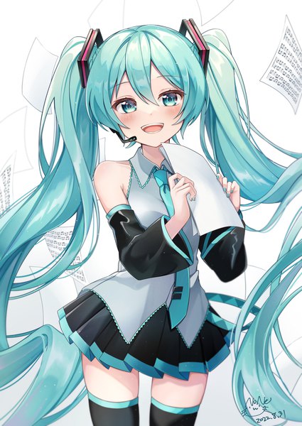 Anime picture 2508x3541 with vocaloid hatsune miku noneon319 single tall image looking at viewer blush fringe highres open mouth hair between eyes standing twintails holding very long hair nail polish :d pleated skirt aqua eyes aqua hair