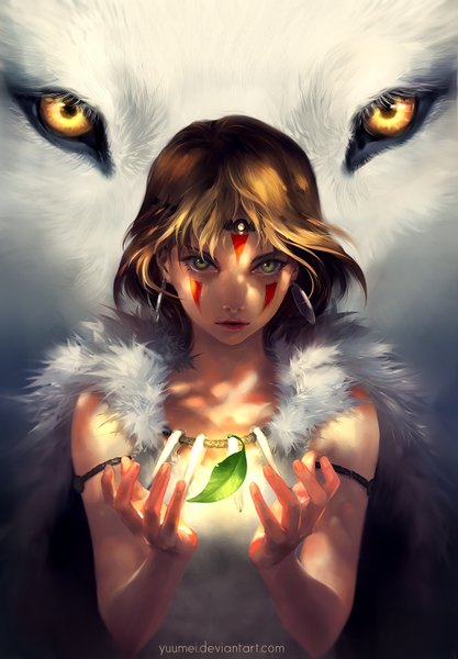 Anime picture 1000x1438 with mononoke hime studio ghibli san moro no kimi yuumei tall image looking at viewer short hair brown hair green eyes parted lips fingernails lips realistic sleeveless magic serious girl earrings animal