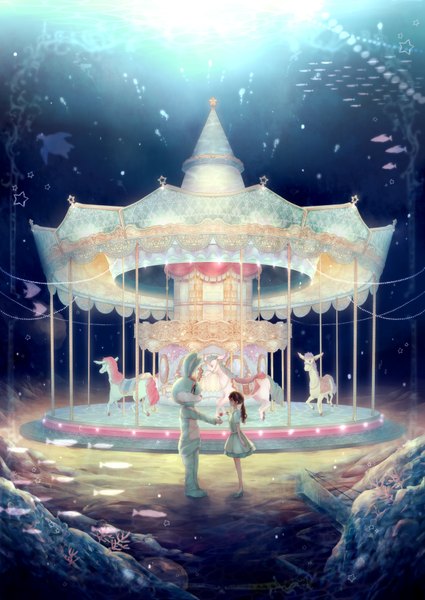 Anime picture 2507x3541 with original haxni0926 long hair tall image blush fringe highres brown hair standing holding ponytail night glowing underwater girl dress flower (flowers) animal shoes bubble (bubbles)