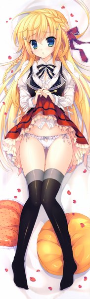 Anime picture 2275x7473 with mitha long hair tall image highres blue eyes light erotic blonde hair full body dress lift dakimakura (medium) girl thighhighs dress underwear panties black thighhighs petals pillow