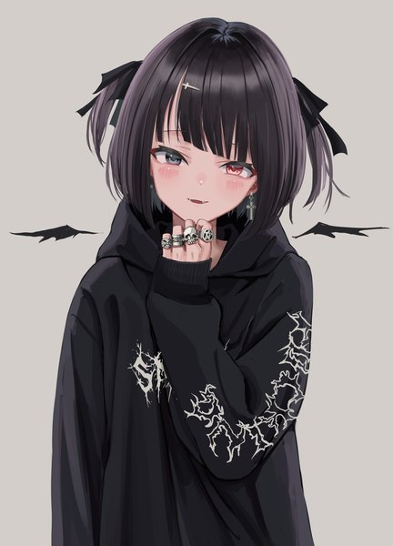Anime picture 2601x3615 with original nadegata single tall image looking at viewer blush highres short hair open mouth black hair simple background smile red eyes upper body long sleeves head tilt black eyes two side up heterochromia sleeves past wrists