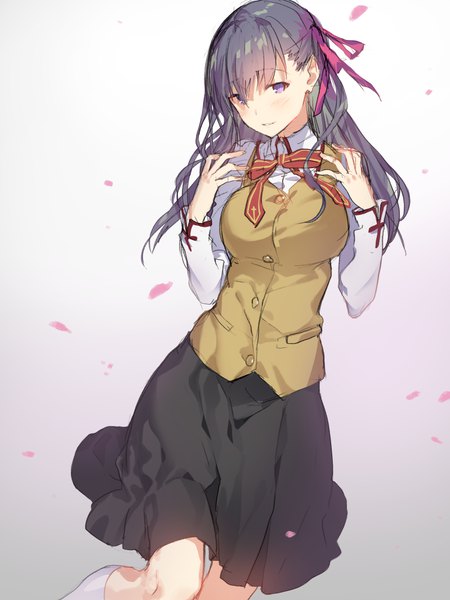 Anime picture 799x1066 with fate (series) fate/stay night matou sakura akinashi yuu single long hair tall image looking at viewer blush fringe breasts simple background smile hair between eyes large breasts standing purple eyes purple hair bent knee (knees) head tilt