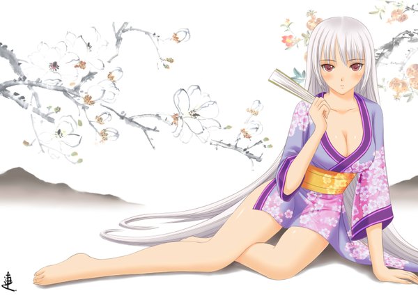 Anime picture 2952x2125 with original xiao lian long hair looking at viewer blush highres light erotic red eyes signed white hair japanese clothes barefoot girl kimono obi fan