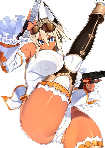 Anime picture 1446x2046 with original real xxiii's dark skinned girl 23 (real xxiii) single tall image looking at viewer fringe short hair breasts blue eyes light erotic simple background blonde hair large breasts grey hair dark skin cameltoe muscle leg lift (legs lift) angry
