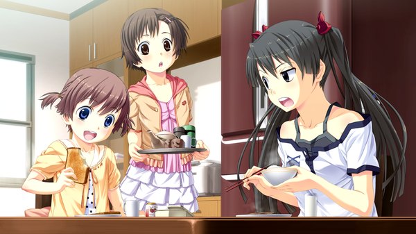 Anime picture 1024x576 with suigetsu 2 long hair short hair open mouth blue eyes black hair brown hair wide image twintails multiple girls brown eyes game cg black eyes eating girl dress food 3 girls child (children)