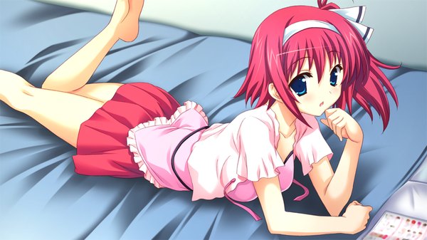 Anime picture 1024x576 with love-bride eve single short hair blue eyes wide image game cg red hair lying girl skirt miniskirt