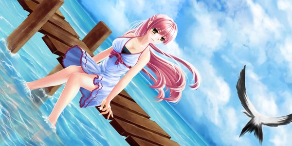 Anime picture 2000x1000 with original furai (blay) single long hair highres wide image sitting bare shoulders yellow eyes pink hair sky cloud (clouds) girl dress animal sea bird (birds)