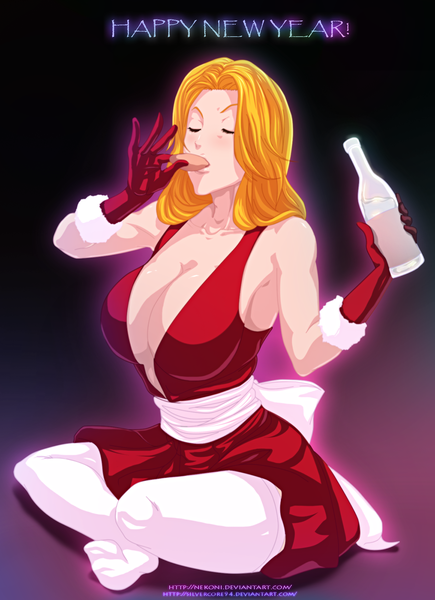 Anime picture 1380x1900 with bleach studio pierrot matsumoto rangiku silvercore94 single long hair tall image blush breasts light erotic simple background blonde hair large breasts sitting cleavage eyes closed coloring happy new year girl dress