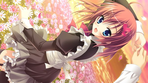 Anime picture 1280x720 with kisaragi gold star (game) endou saya short hair blue eyes brown hair wide image game cg girl flower (flowers)
