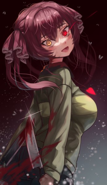 Anime picture 3891x6726 with undertale virtual youtuber hololive houshou marine chara (undertale) torriet single long hair tall image looking at viewer fringe highres open mouth smile hair between eyes red eyes standing twintails holding yellow eyes