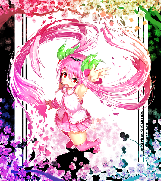 Anime picture 800x898 with vocaloid hatsune miku sakura miku ratio (ratio-d) single tall image blush fringe open mouth hair between eyes red eyes twintails pink hair very long hair from above girl thighhighs skirt plant (plants) shoes