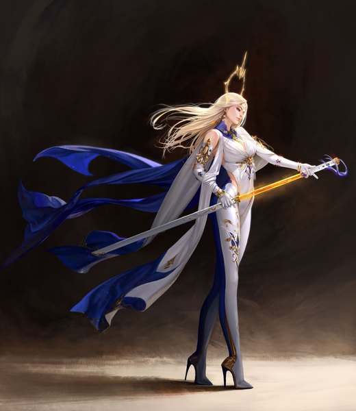 Anime picture 1920x2214 with original taekwon kim single long hair tall image highres blue eyes blonde hair full body profile wind realistic high heels looking down dark background walking unsheathing girl gloves weapon