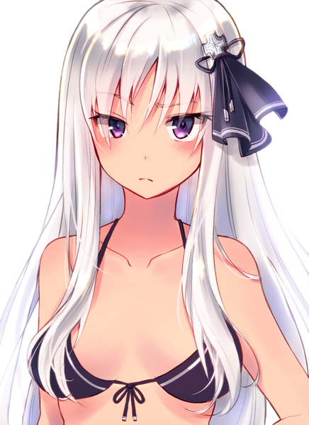Anime picture 600x824 with original itsumi mita single long hair tall image looking at viewer blush fringe breasts light erotic simple background hair between eyes white background purple eyes bare shoulders payot cleavage upper body white hair dark skin