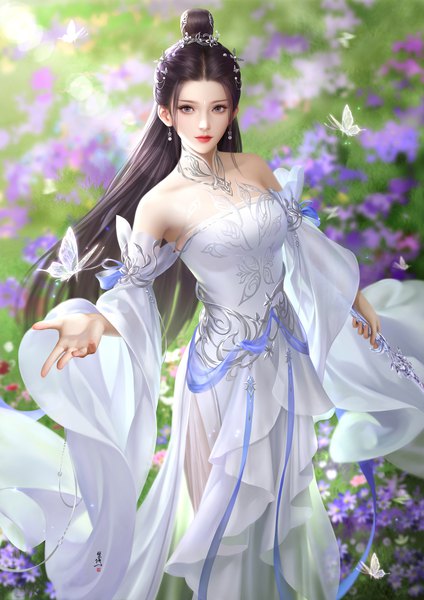 Anime picture 2480x3508 with zhu xian lu xueqi fan xiu single long hair tall image looking at viewer fringe highres black hair standing bare shoulders holding signed outdoors from above lips blurry realistic wide sleeves