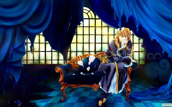 Anime picture 1920x1200 with pandora hearts xebec vincent nightray kuryuki long hair highres blonde hair wide image arm support checkered floor multicolored eyes boy gloves window pillow curtains toy cloak stuffed animal couch