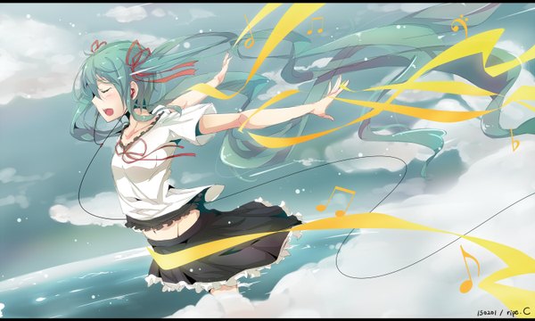 Anime picture 1500x900 with vocaloid hatsune miku ripe.c single long hair blush open mouth wide image twintails signed sky cloud (clouds) eyes closed wind aqua hair letterboxed spread arms girl navel ribbon (ribbons)
