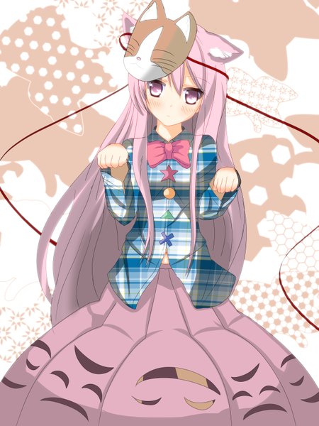 Anime picture 1200x1600 with touhou hata no kokoro aruka (alka p1) arai3648 single long hair tall image looking at viewer blush purple eyes animal ears purple hair long sleeves cat ears cat girl expressionless mask on head girl skirt bow
