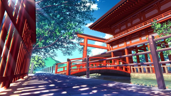 Anime picture 1920x1080 with original nazu-na highres wide image sky cloud (clouds) sunlight mountain no people landscape sunbeam scenic river plant (plants) tree (trees) fence torii bridge road japanese house