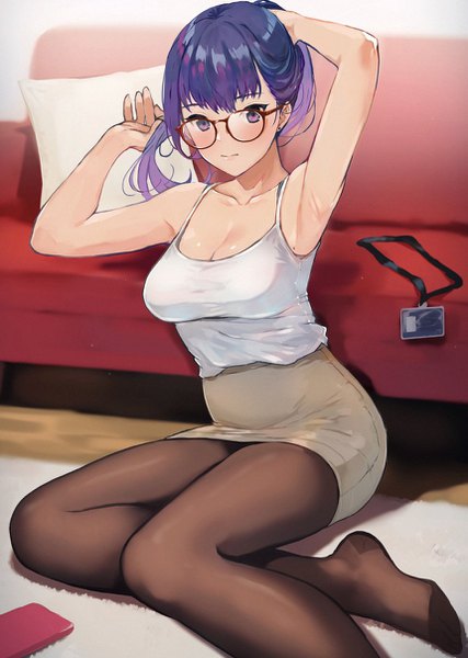 Anime picture 859x1208 with original doushimasho single long hair tall image looking at viewer blush fringe breasts light erotic large breasts sitting purple eyes bare shoulders holding purple hair full body bent knee (knees) indoors arms up