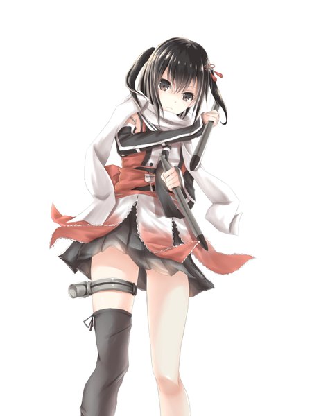 Anime picture 2400x3200 with kantai collection sendai light cruiser centon (736023681) single tall image looking at viewer highres short hair black hair simple background white background brown eyes two side up girl thighhighs skirt weapon scarf single thighhigh