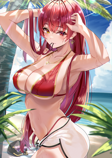 Anime picture 3541x5016 with virtual youtuber hololive houshou marine puripuri single long hair tall image looking at viewer blush fringe highres breasts light erotic smile hair between eyes red eyes large breasts standing holding yellow eyes
