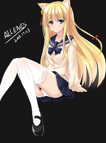 Anime picture 1936x2592 with original allenes single long hair tall image looking at viewer highres blue eyes light erotic blonde hair signed animal ears cat ears pantyshot dark background knees together feet apart girl thighhighs skirt uniform