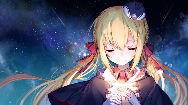 Anime picture 1920x1080 with riddle joker arihara nanami bison cangshu long hair fringe highres blonde hair hair between eyes wide image twintails payot upper body braid (braids) eyes closed light smile night night sky floating hair low twintails lens flare