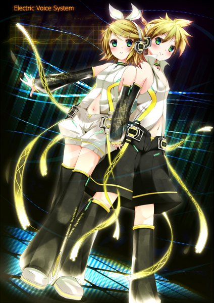 Anime picture 1061x1500 with vocaloid kagamine rin kagamine len nironiro tall image blush short hair blonde hair green eyes couple twins back to back girl boy detached sleeves headphones