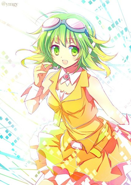 Anime picture 710x1000 with vocaloid gumi yomogi komegura single tall image looking at viewer fringe short hair open mouth bare shoulders green eyes signed green hair goggles on head girl detached collar wrist cuffs goggles
