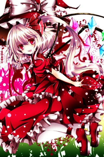 Anime picture 700x1050 with touhou flandre scarlet nanase nao single tall image short hair blonde hair red eyes hakurei reimu (cosplay) kirisame marisa (cosplay) girl dress flower (flowers) bow wings frills witch hat crystal