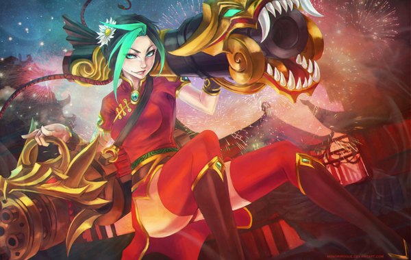 Anime picture 3506x2224 with league of legends jinx (league of legends) monori rogue single long hair highres light erotic smile green eyes absurdres traditional clothes multicolored hair two-tone hair pantyshot chinese clothes girl thighhighs underwear panties weapon