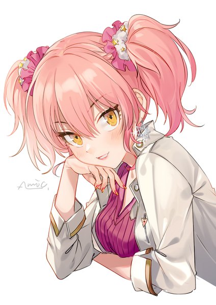 Anime picture 2480x3508 with idolmaster idolmaster cinderella girls jougasaki mika almic single tall image looking at viewer blush fringe highres short hair simple background smile hair between eyes white background twintails signed yellow eyes payot pink hair