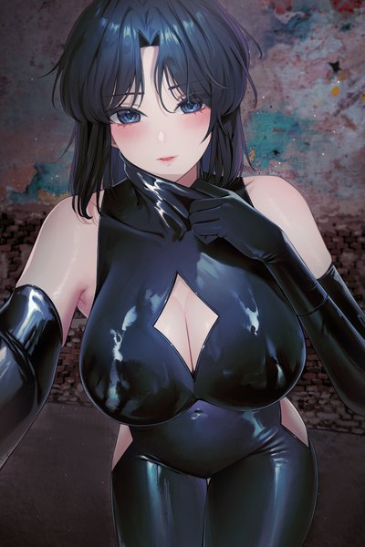 Anime picture 2000x2999 with original lichiko single tall image looking at viewer blush fringe highres short hair breasts open mouth blue eyes light erotic black hair hair between eyes large breasts standing bare shoulders cleavage leaning