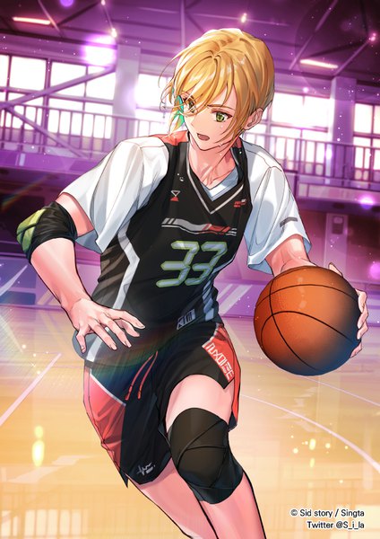 Anime-Bild 636x899 mit sid story interitio single tall image fringe short hair open mouth blonde hair smile hair between eyes holding green eyes signed looking away indoors copyright name lens flare running basketball playing sports