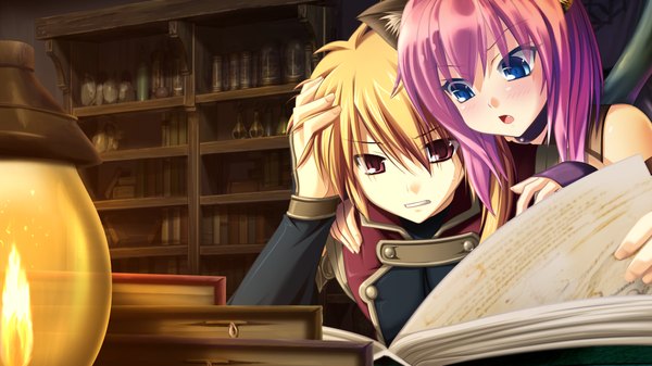 Anime picture 1024x576 with kamidori alchemy meister short hair blue eyes blonde hair red eyes wide image animal ears pink hair game cg cat ears couple girl boy book (books)