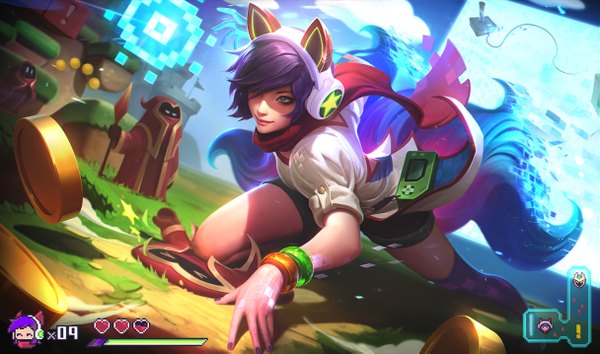 Anime-Bild 1215x717 mit league of legends ahri (league of legends) tagme (artist) fringe short hair blue eyes wide image animal ears looking away purple hair cloud (clouds) bent knee (knees) tail animal tail light smile hair over one eye realistic mole shadow short sleeves