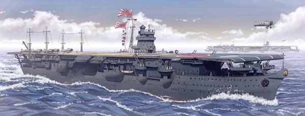 Anime picture 1800x688 with original earasensha wide image sky cloud (clouds) military weapon water sea flag aircraft watercraft airplane ship