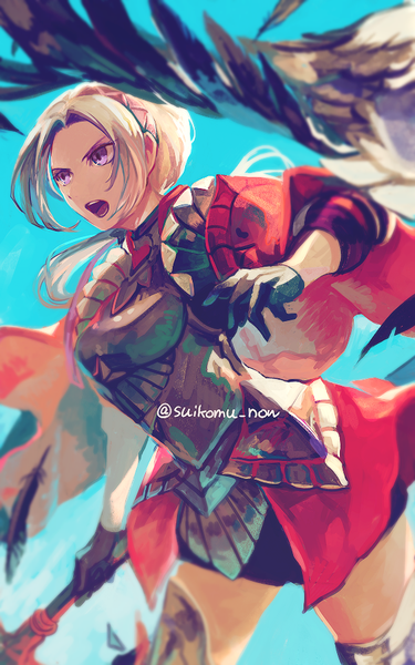 Anime picture 563x900 with fire emblem fire emblem: three houses fire emblem warriors: three hopes nintendo edelgard von hresvelg suikomu now single long hair tall image open mouth simple background standing purple eyes signed looking away silver hair twitter username blue background girl gloves