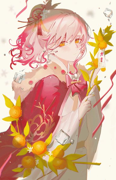 Anime picture 705x1099 with original byuey single long hair tall image holding pink hair upper body ponytail orange eyes girl hair ornament fruit branch mantle kanzashi ofuda ice cube tangerine