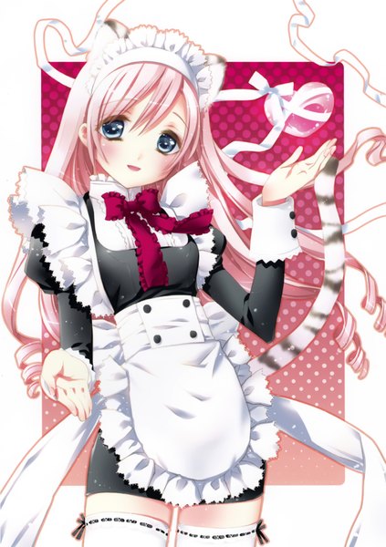 Anime picture 2819x4000 with kamiya maneki single long hair tall image blush highres blue eyes smile animal ears pink hair tail cat ears maid cat tail girl thighhighs bow ribbon (ribbons) white thighhighs headdress