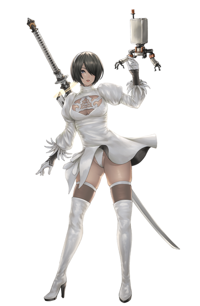 Anime picture 1308x2000 with nier nier:automata soulcalibur yorha no. 2 type b pod (nier:automata) nyatokanyaru single tall image fringe short hair breasts blue eyes light erotic black hair simple background standing white background cleavage full body long sleeves