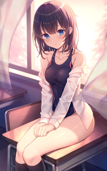 Anime picture 752x1200 with original kawami nami single tall image looking at viewer blush fringe short hair breasts blue eyes light erotic hair between eyes brown hair sitting indoors wind off shoulder open shirt swimsuit under clothes girl
