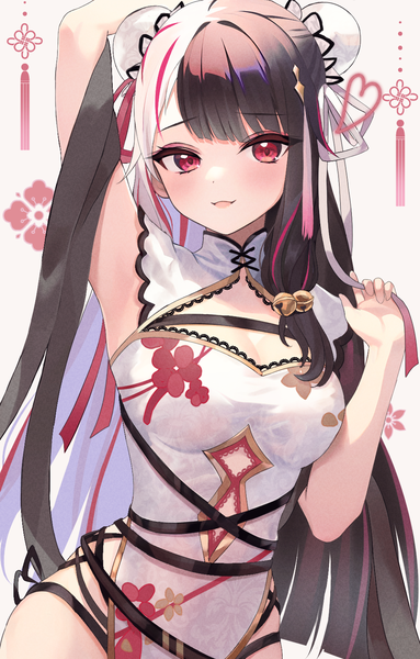 Anime picture 1021x1600 with virtual youtuber nijisanji yorumi rena aria (ariacue) single long hair tall image looking at viewer blush fringe breasts open mouth light erotic black hair simple background smile red eyes standing white background blunt bangs