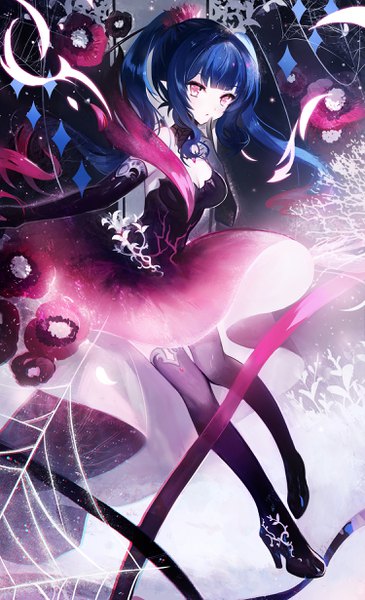 Anime-Bild 1500x2460 mit original juexing (moemoe3345) single long hair tall image looking at viewer fringe breasts payot blue hair cleavage ponytail blunt bangs pink eyes pointy ears high heels finger to mouth girl dress gloves