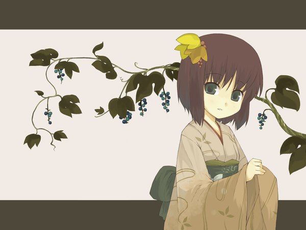 Anime picture 1024x768 with touhou hieda no akyuu ikura hato single looking at viewer short hair traditional clothes japanese clothes wallpaper dark hair girl hair ornament plant (plants) kimono obi vines