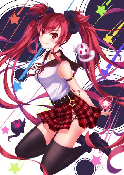 Anime picture 2480x3508 with league of legends jinx (league of legends) star guardian jinx miu (pixiv4149478) single tall image blush highres light erotic smile red eyes twintails red hair very long hair girl thighhighs skirt bow black thighhighs hair bow